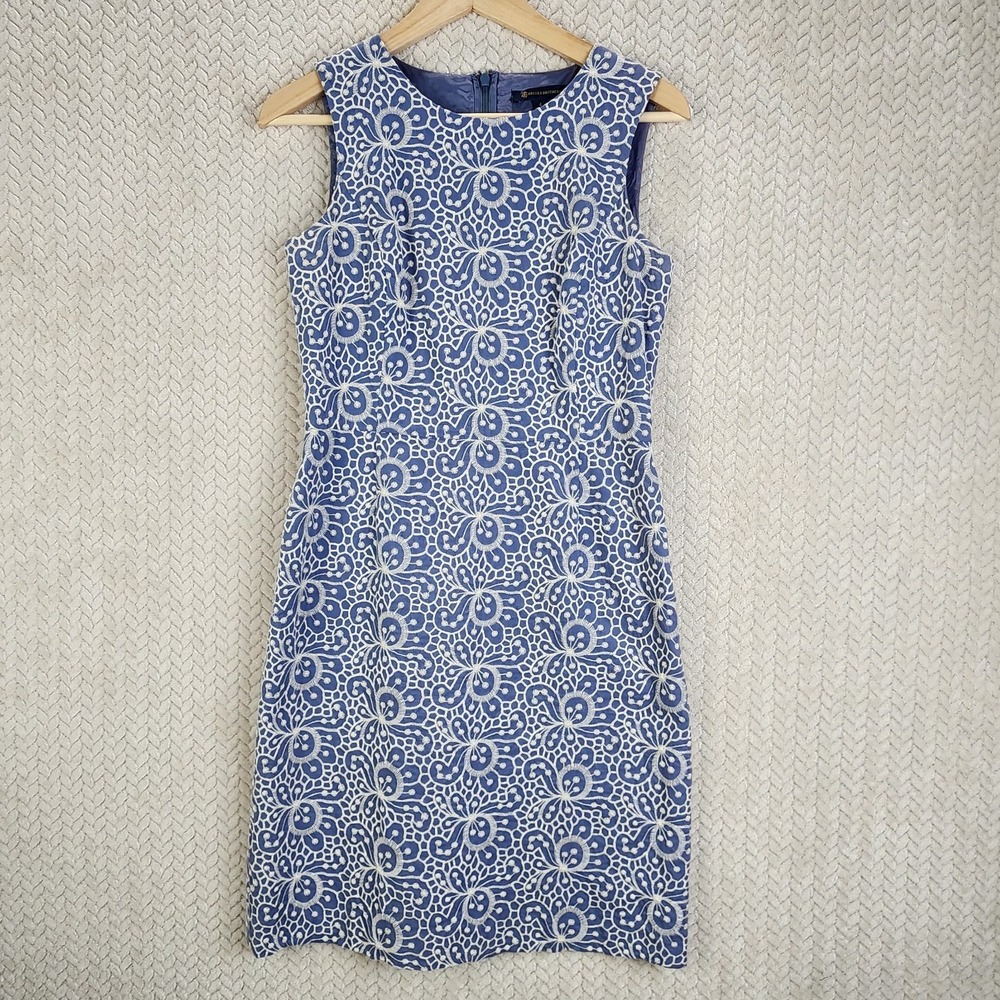 Brooks Brothers Embroidered Floral Cotton Sheath Dress Women's 4 Blue White